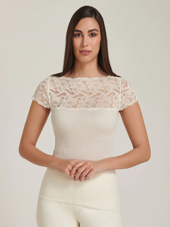 S/S Floral Lace Yoke & Sleeve Top
