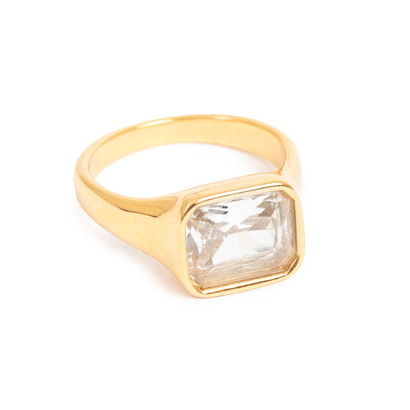 Large Clear Crystal Ring - Gold