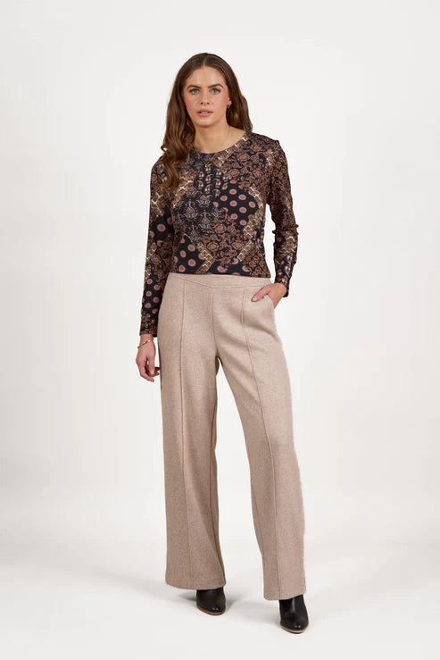Warm wide leg pant with sewn in crease