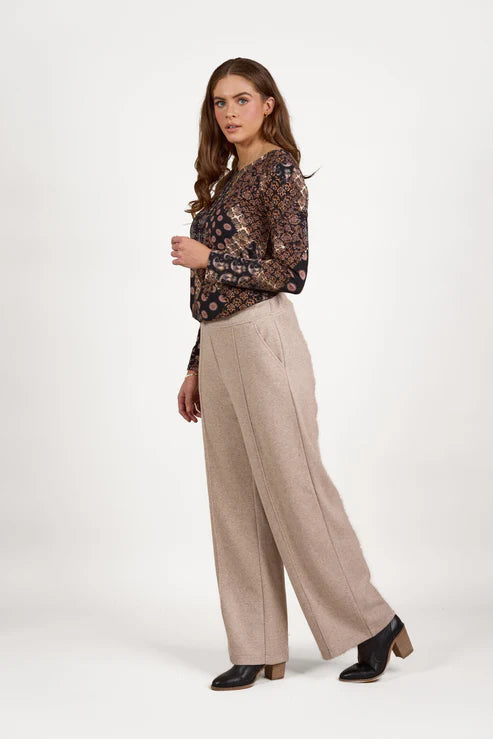 Warm wide leg pant with sewn in crease
