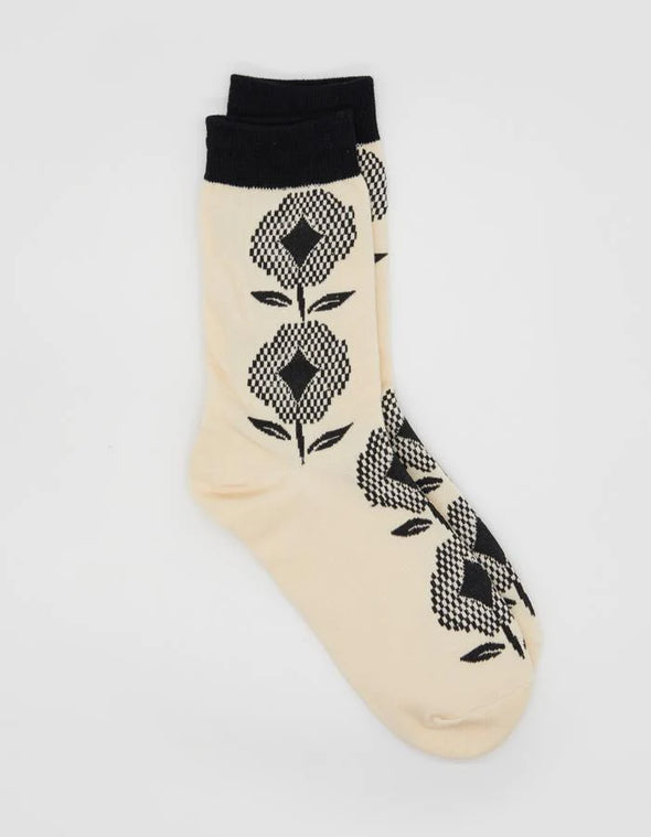 Flower Check Sock Cream