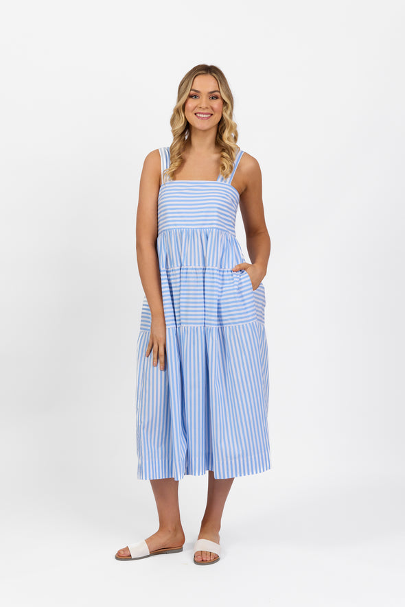 Sleeveless Tiered Dress with Wide Straps - Blue Stripe