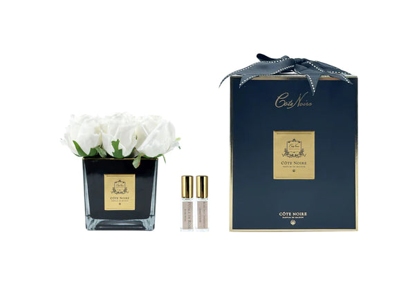 COTE NOIR COUTURE SQUARE BLACK VASE PERFUMED NATURAL TOUCH 9 ROSES - IVORY WHITE