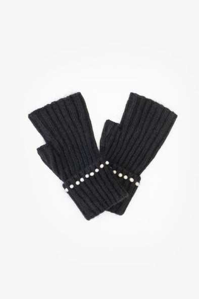 Black Angora fingerless gloves with pearl trim