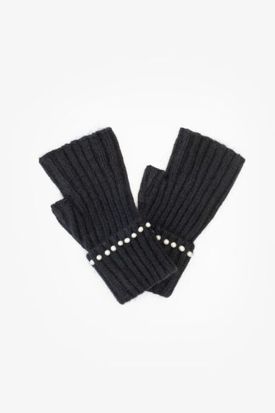 Black Angora fingerless gloves with pearl trim