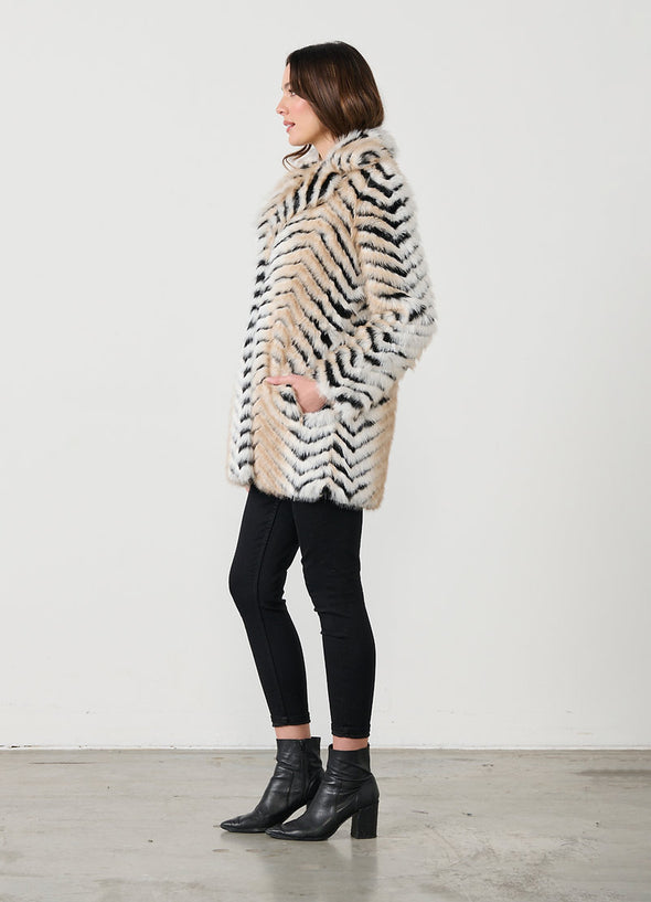 Chevron Faux Fur Coat