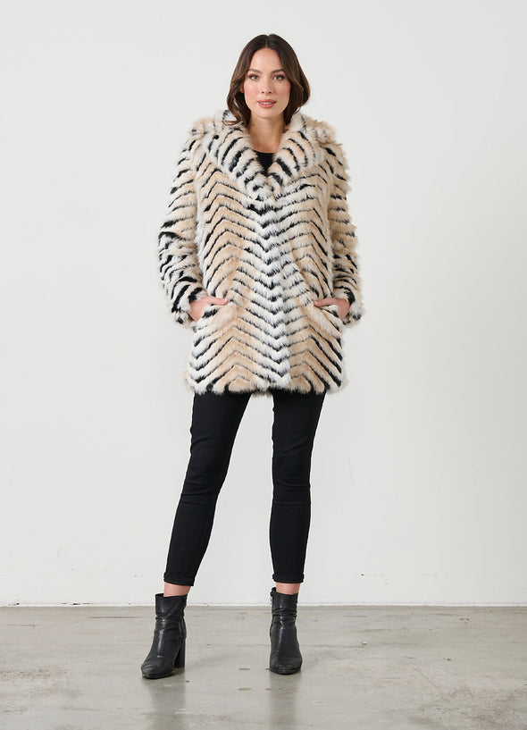Chevron Faux Fur Coat