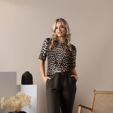 Leopard 3/4 sleeve Round Neck Top