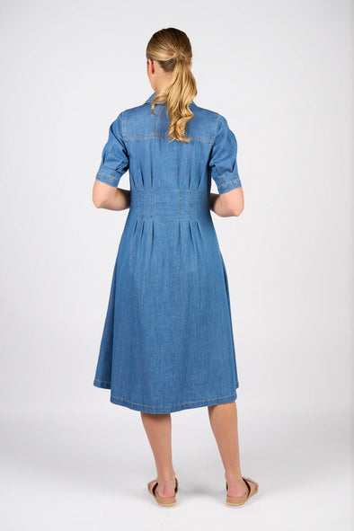 6114-Shaped Waist Button-Up Dress with Pockets