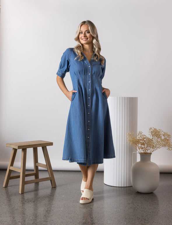 6114-Shaped Waist Button-Up Dress with Pockets
