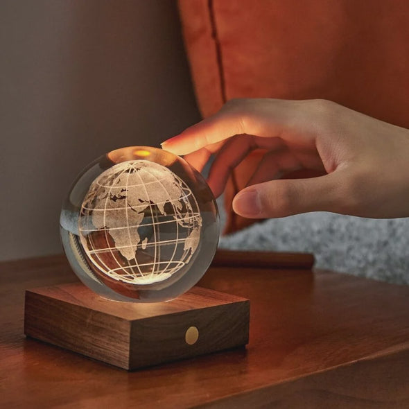 walnut world globe 3D laser engraved light