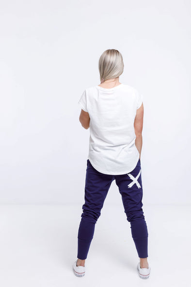 Home Lee - Apartment Pants - Evening Blue with White Cross